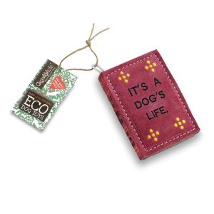 Purple & yellow book shaped dog chew toy.