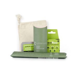 eco-friendly dental gift set with a tootbrush, floss, toothpaste and interdental brushes