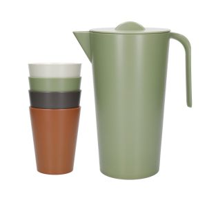Eco-friendly drinkware set consisting of 4 assorted tumblers and a pitcher, all made from recycled plastic.