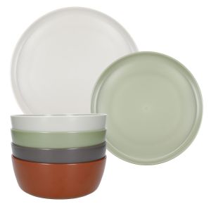 12 piece dinnerware set consisting of 4 bowls, 4 side plates or 4 dinner plates made from recycled plastic in assorted colours.