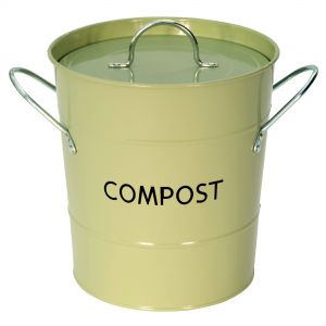 Metal compost pail with sage green colouring & handles