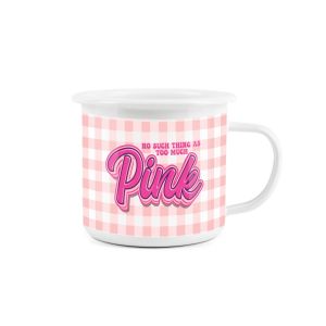 a pink gingham print enamel mug with a barbie themed design
