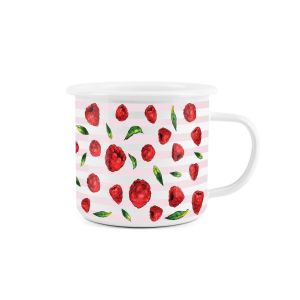 Pink striped enamel mug with raspberries print.