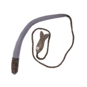 a grey felted fishing rod shaped cat toy, for active play