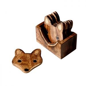 Wooden fox face shaped coaster set in a wooden box