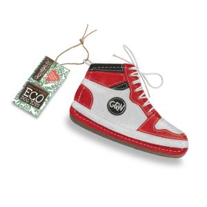 an eco friendly trainer shaped dog toy, made from jute and suede