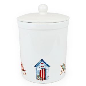 white ceramic food waste caddy with seaside print