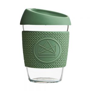 Reusable glass coffee cup with green silicone textured anti-slip grip sleeve and splash proof lid.