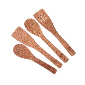 Huski Home coconut utensil set, containing 2 spoons of different sizes and 2 lifters, one slotted and the other solid