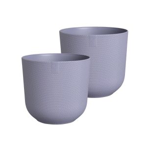 two recycled plastic plant pots in lilac purple