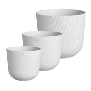 A set of three white plant pots made from recycled plastic, in three sizes