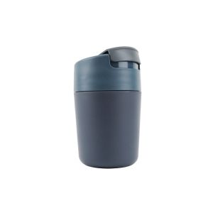 Matte blue travel mug with leakproof screw-top lid.