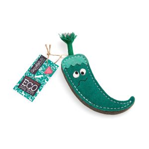  a green chilli pepper shaped natural dog toy, made from jute fibre and suede