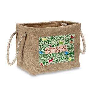Eco-friendly pet toys storage bag made from natural jute with jute rope handles.
