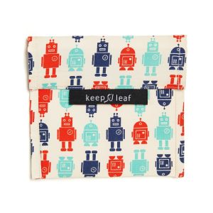 Closed square fabric food bag with blue and red robot print