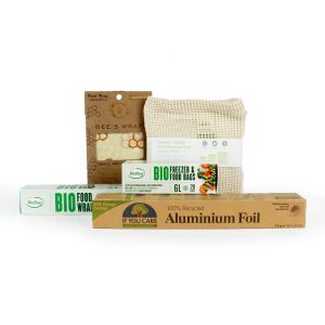 eco-friendly kitchen storage set including compostable cling film and recycled foil