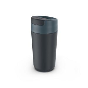 Large blue travel mug with flip-top cap and leakproof screw-top lid.
