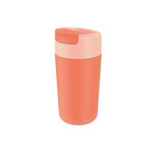 Coral orange coloured large travel mug with flip-cop cap and leakproof screw-top lid.