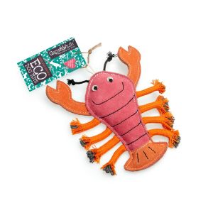 a suede and jute fibre eco-friendly dog toy, shaped like an orange and pink lobster