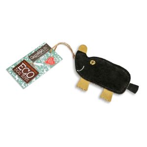 a small black & yellow mole shaped natural dog toy made from suede and jute