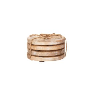Set of 4 mango wood coasters with a whitewash finish, featuring a botanical cow parsley embossed design.