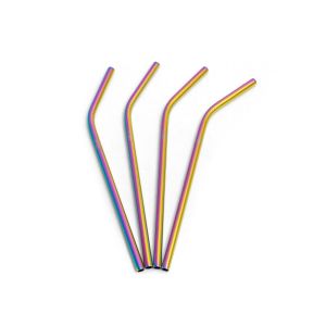 Set of four reusable iridescent rainbow stainless steel straws, presented with a cleaning brush in a cotton gift bag.