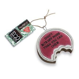 Dog chew toy with funny pun written on the front