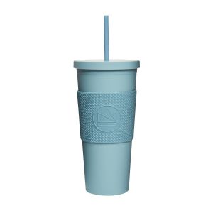 Reusable blue travel cup with a straw, made from recyclable BPA Free plastic.