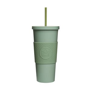 Reusable double walled straw cup with anti-slip grip band in matte green colour.