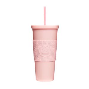 Matte pink coloured reusable travel tumbler with straw, featuring an anti-slip grip band.