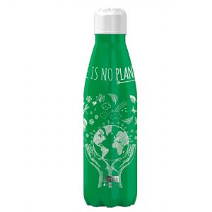 Stainless steel water bottle in green with eco-friendly planet artwork
