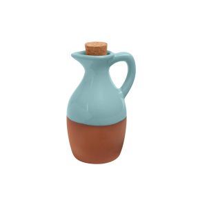 a small terracotta oil drizzler with a pale blue glaze