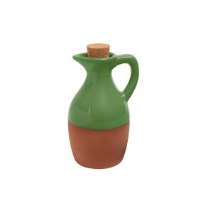 small terracotta oil drizzler with a green glaze