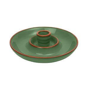 a round terracotta dish for serving olives, finished in green glaze with an integrated pip well and stick holder