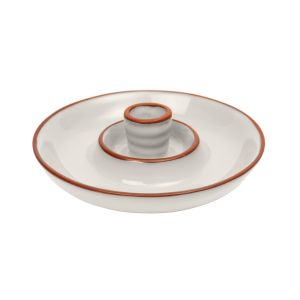 a small round terracotta dish for serving olives and tapas, with a cream coloured glaze