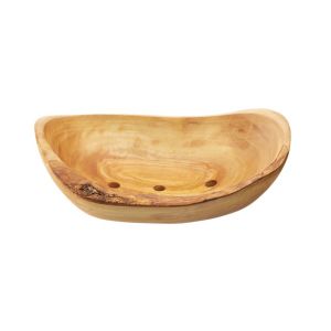 natural oval shaped soap dish made from olive wood with three drainage holes