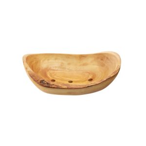 natural oval shaped soap dish made from olive wood with three drainage holes