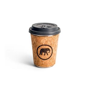 Eco-friendly stainless stell travel cup with cork sleeve and grey silicone lid.