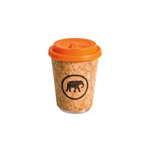 Reusable travel cup made from stainless steel with a cork sleeve and orange silicone lid.