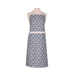 Organic cotton apron in light blue, with cream-coloured star print. Full-length adult apron featuring a double pocket and adjustable halterneck strap