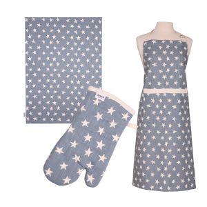 blue star patterned apron, oven glove and tea towel set