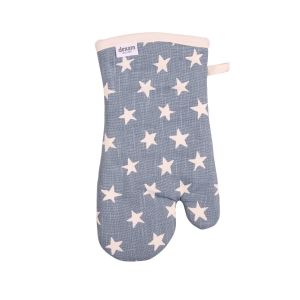 Blue star printed organic cotton single oven glove. Gauntlet features contrast binding and loop for hanging 
