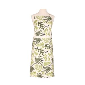 Adult full-length apron made from organic cotton. Printed with various leaves, foliage and dragonflies, the kitchen accessory features a double pocket and adjustable neck strap