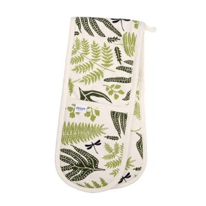 High quality organic cotton long oven glove with green leaf prints and cream coloured binding