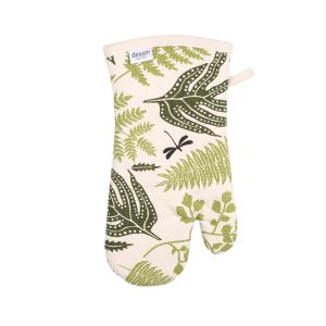 Single oven glove made from cream coloured organic cotton printed with green leaf print