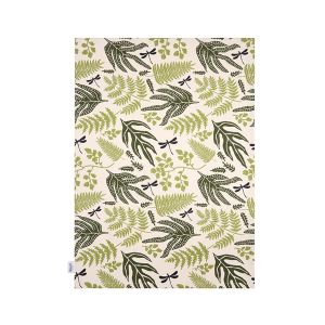 Organic cotton tea towel for dish drying, in cream and green with foliage print