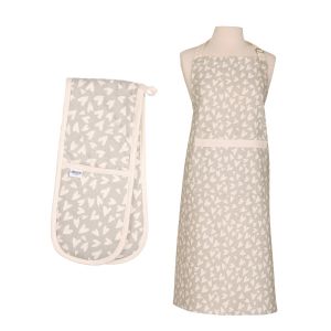 grey and white hearts design set with kitchen apron and double oven glove