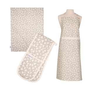 grey heart apron, tea towel and double oven glove set made from organic cotton