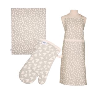 kitchen apron, tea towel and oven glove with pale grey and white heart pattern