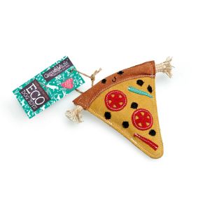 Suede and jute fibre dog chew toy, shaped as a pizza slice.